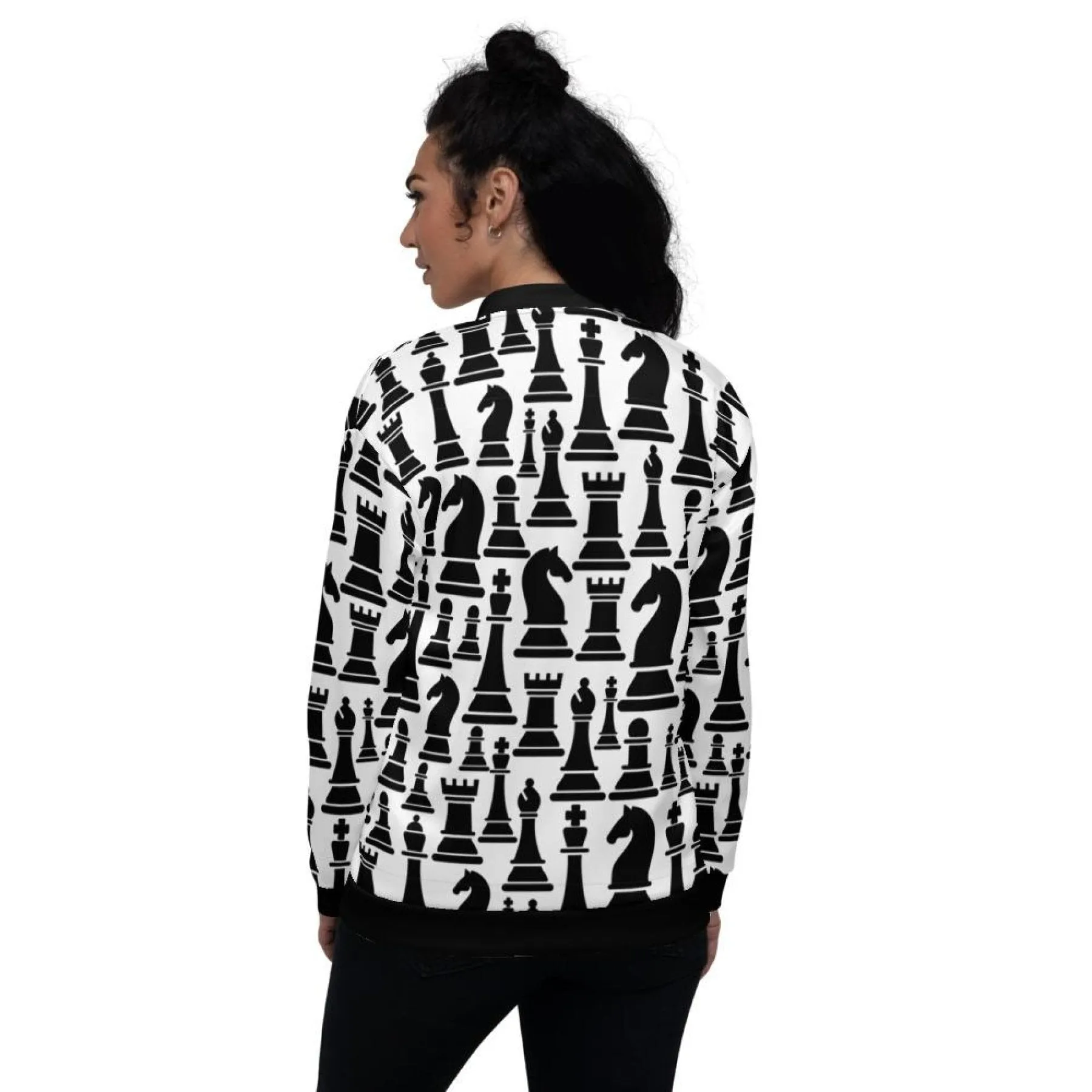 Womens Jacket - Black And White Chess Style Bomber Jacket