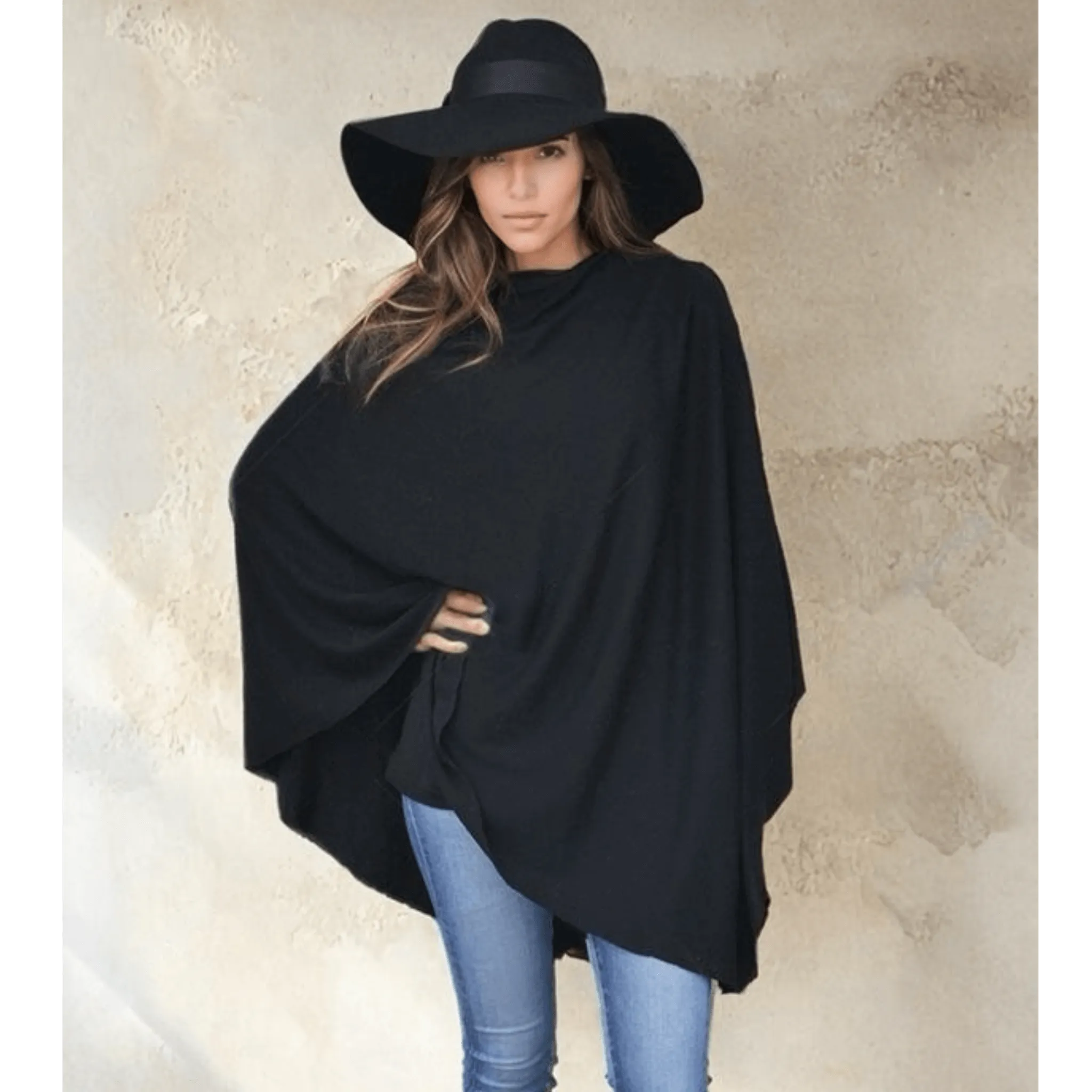 Women’s Pure Black Cashmere Wool Oversized Julian Poncho