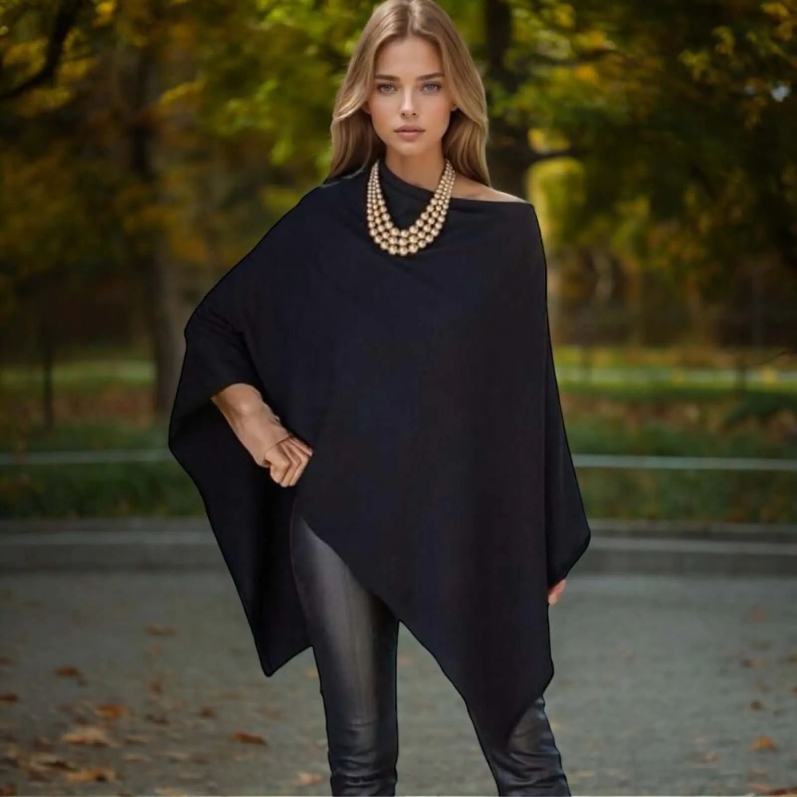 Women’s Pure Black Cashmere Wool Oversized Julian Poncho