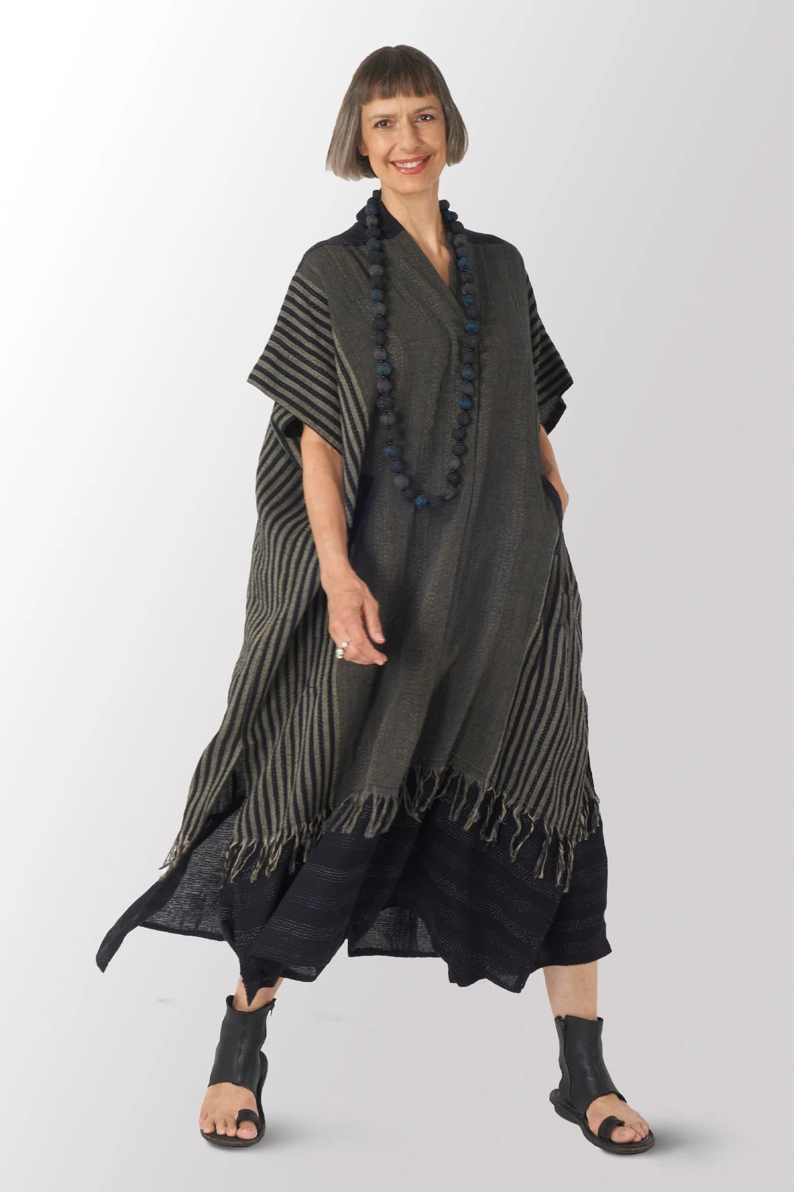 WOVEN HANDLOOM COTTON KANTHA PONCHO DRESS - wc2443-blk -