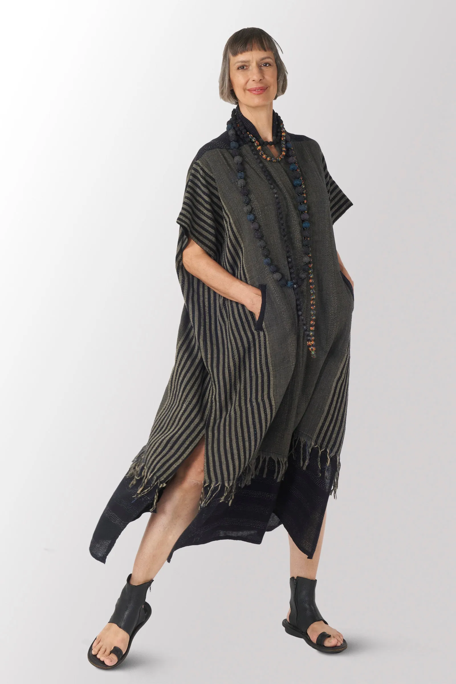 WOVEN HANDLOOM COTTON KANTHA PONCHO DRESS - wc2443-blk -