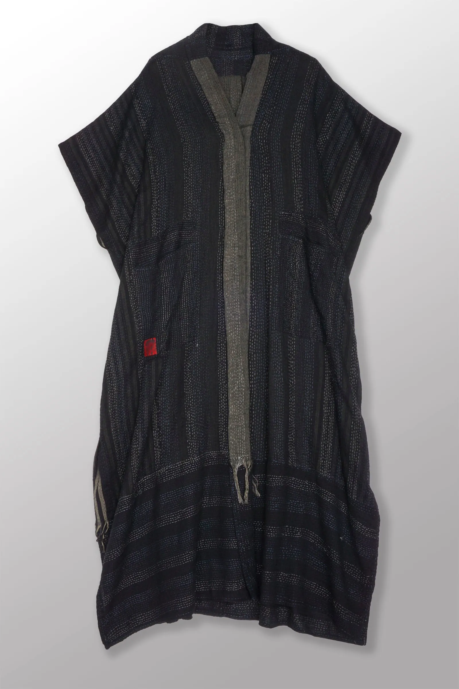 WOVEN HANDLOOM COTTON KANTHA PONCHO DRESS - wc2443-blk -