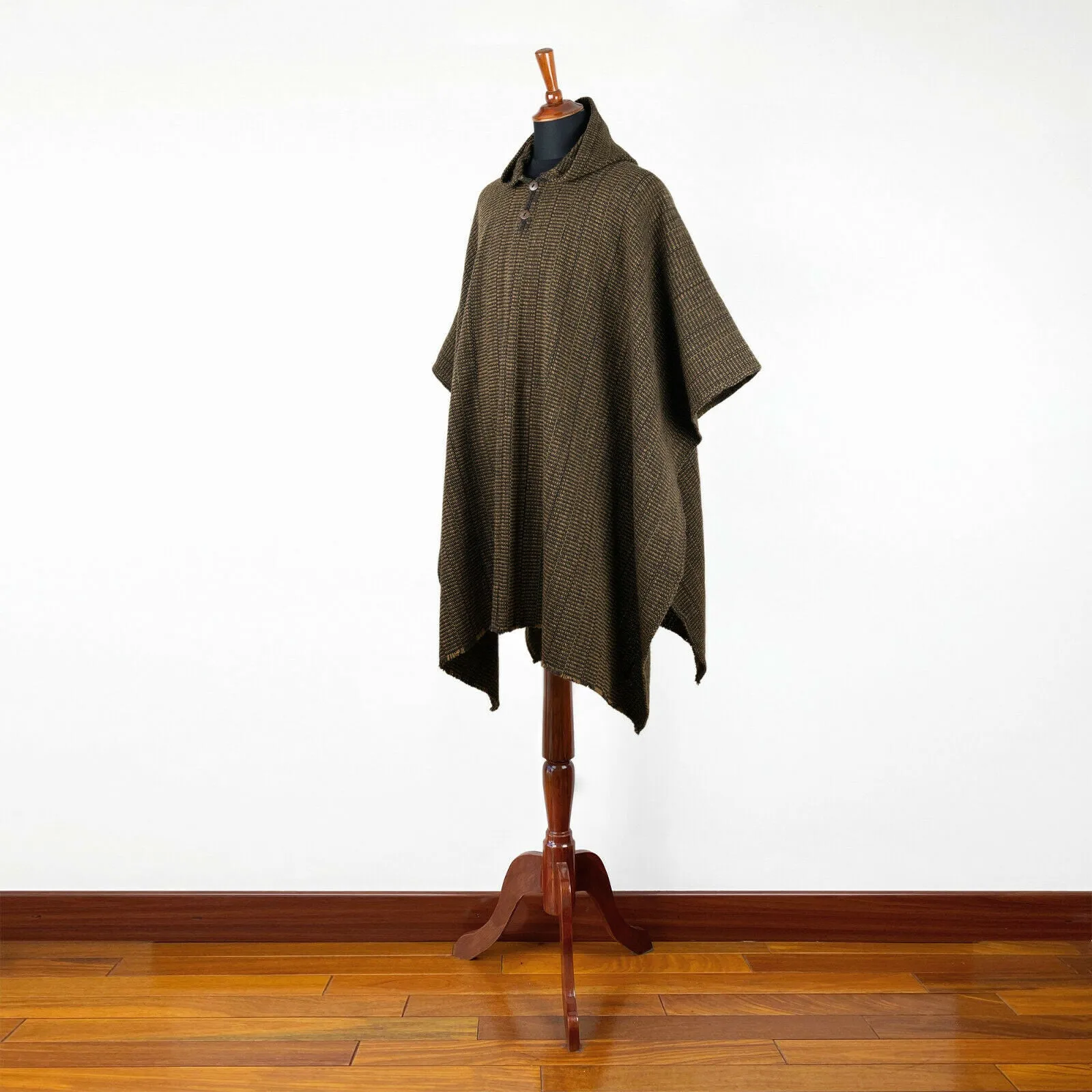 Zampu - Llama Wool Unisex South American Handwoven Thick Hooded Poncho - solid brown - coffee beans pattern