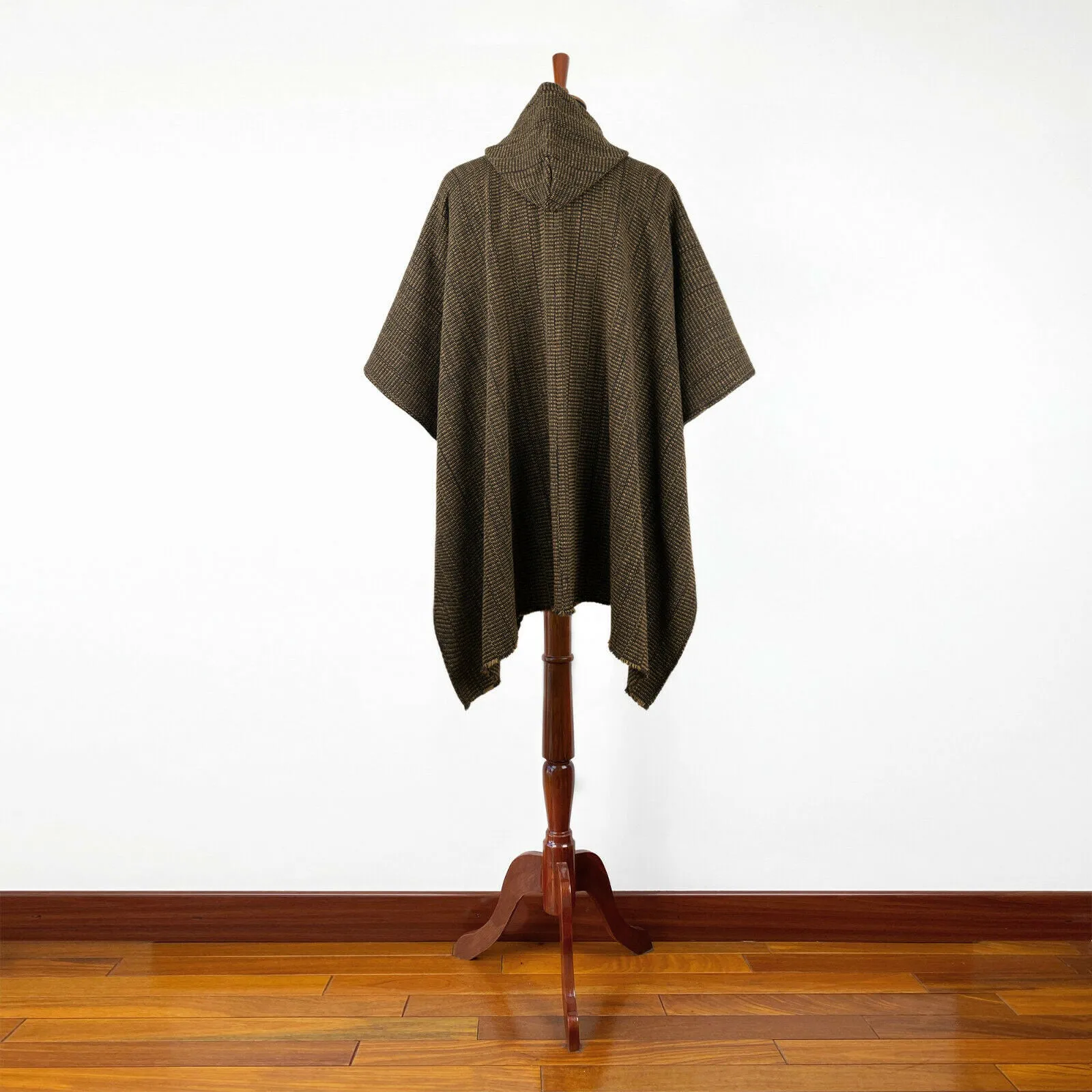 Zampu - Llama Wool Unisex South American Handwoven Thick Hooded Poncho - solid brown - coffee beans pattern