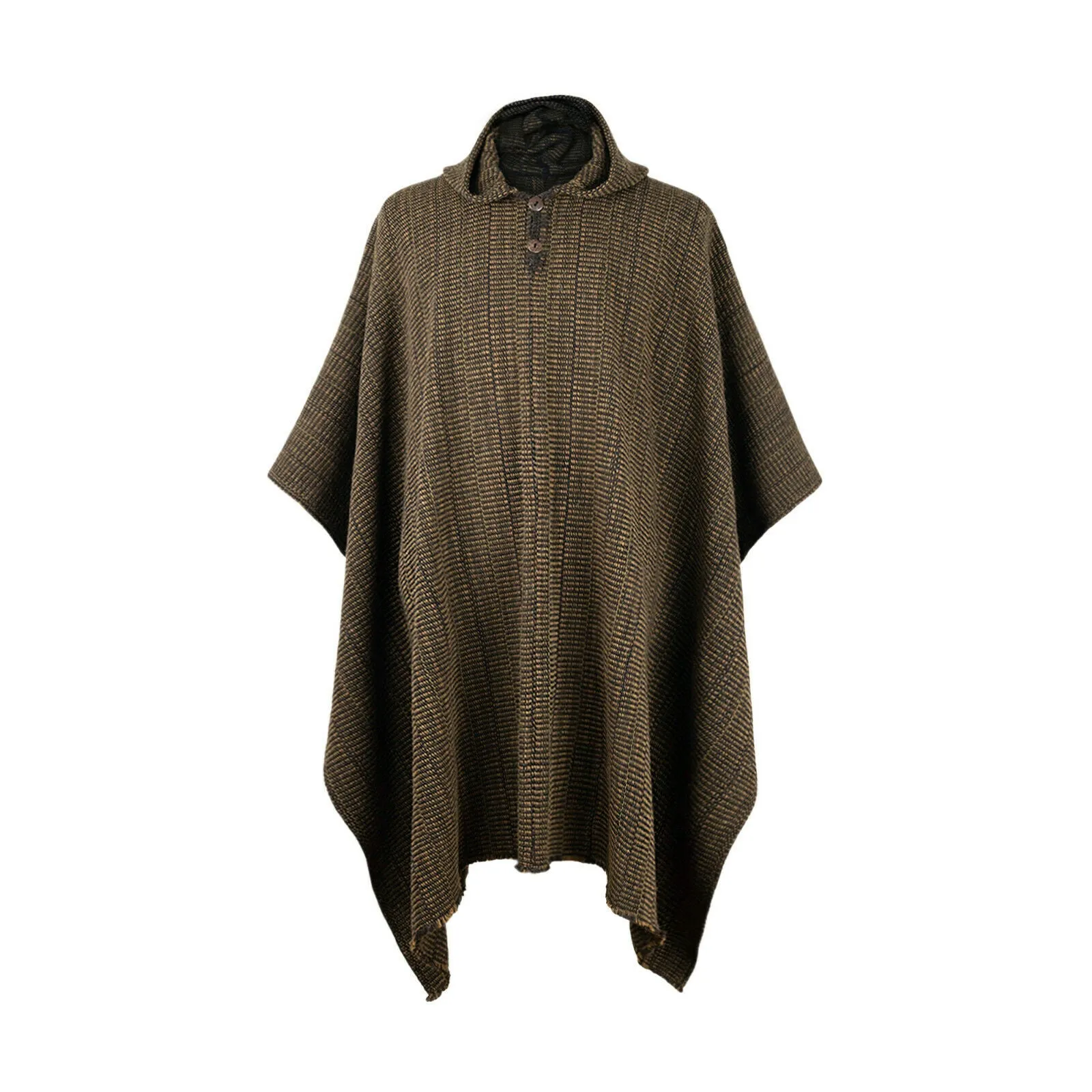 Zampu - Llama Wool Unisex South American Handwoven Thick Hooded Poncho - solid brown - coffee beans pattern