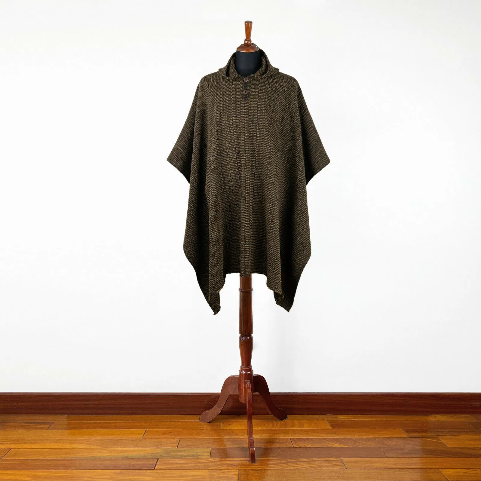 Zampu - Llama Wool Unisex South American Handwoven Thick Hooded Poncho - solid brown - coffee beans pattern