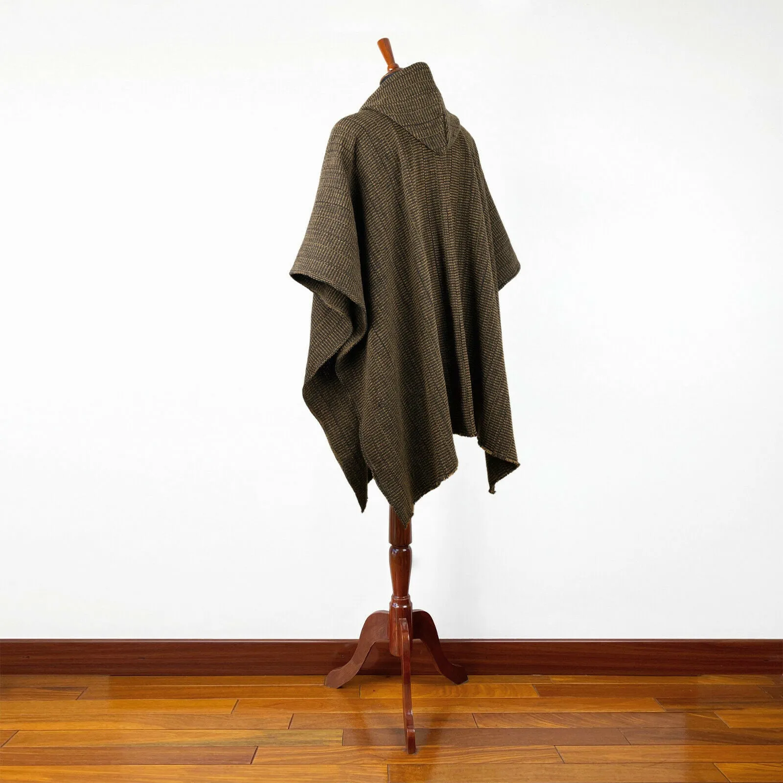 Zampu - Llama Wool Unisex South American Handwoven Thick Hooded Poncho - solid brown - coffee beans pattern